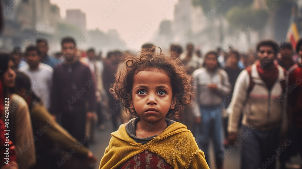 young child kid local with a desperate or annoyed expression on her face, in a crowded street or city, poverty and/or bad air, visible exhaust fumes misty air. Generative AI young child kid local with a desperate or annoyed expression on her face, in a crowded street or city, poverty and/or bad air, visible exhaust fumes misty air. Generative AI