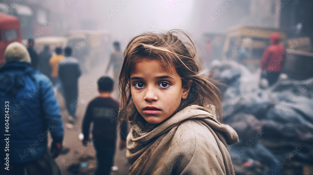 young child kid local with a desperate or annoyed expression on her face, in a crowded street or city, poverty and/or bad air, visible exhaust fumes misty air. Generative AI young child kid local with a desperate or annoyed expression on her face, in a crowded street or city, poverty and/or bad air, visible exhaust fumes misty air. Generative AI