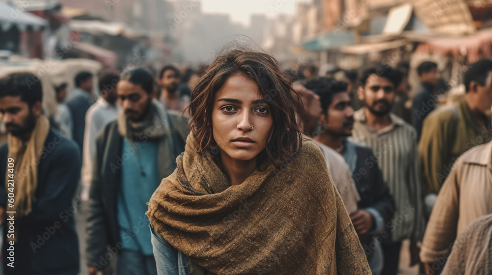 local young adult woman with a desperate or annoyed expression on her face, in a crowded street or city, poverty and/or bad air, visible exhaust fumes misty air. Generative AI local young adult woman with a desperate or annoyed expression on her face, in a crowded street or city, poverty and/or bad air, visible exhaust fumes misty air. Generative AI