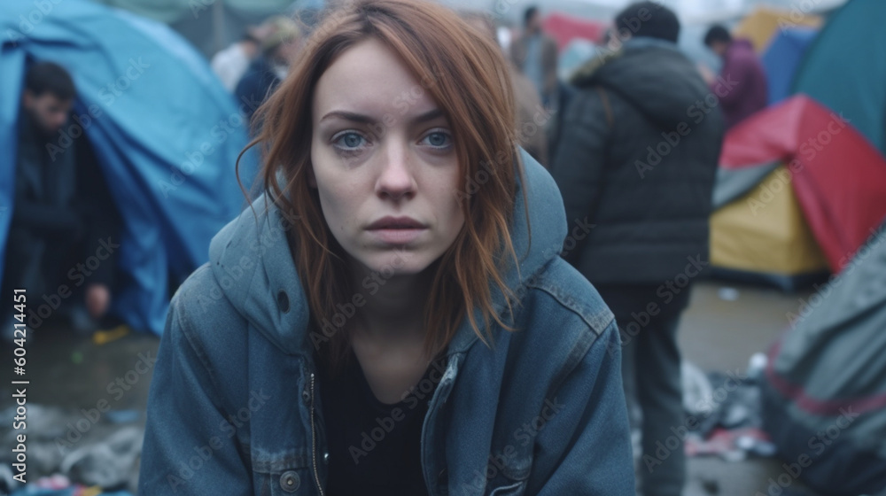 mature woman poverty or homeless and in poverty in a tent city, alone and discouraged and sad in a gloomy, desolate environment with many other people, crowds and problems. Generative AI