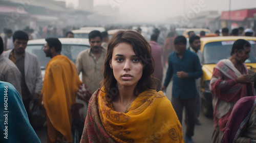 local young adult woman with a desperate or annoyed expression on her face, in a crowded street or city, poverty and/or bad air, visible exhaust fumes misty air. Generative AI