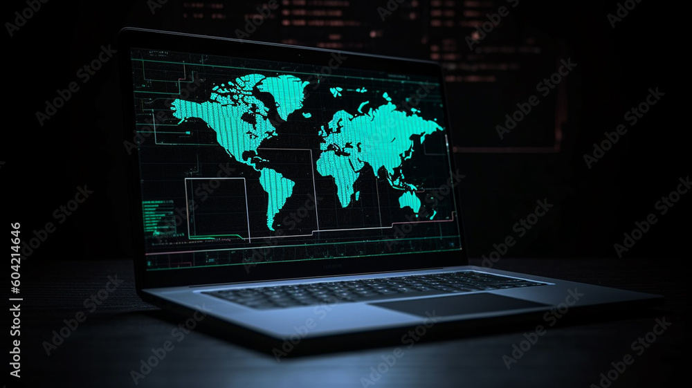 Technology Laptop with abstract network hologram on dark background, Generative ai Technology Laptop with abstract network hologram on dark background, Generative ai