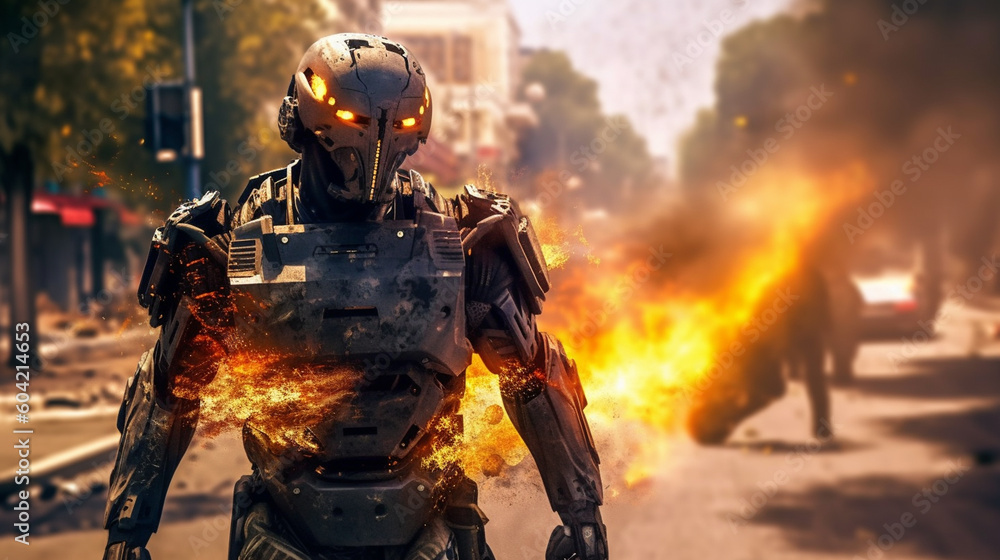 Fototapeta premium scary robot is a weapon in war, soldiers robot, war machine, humanoid android with artificial intelligence. Generative AI