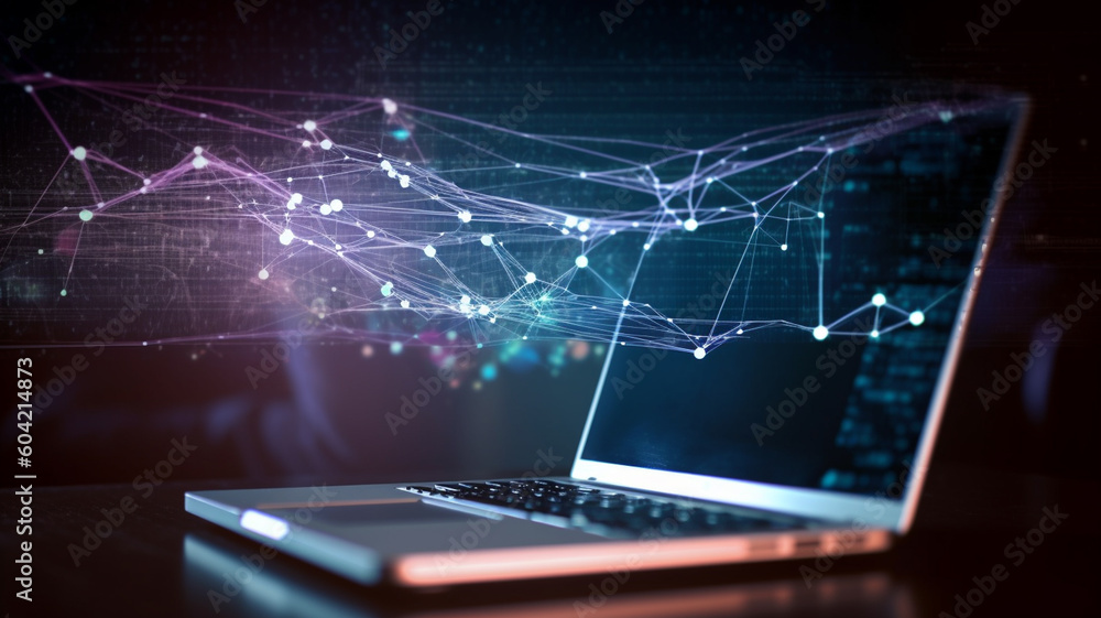 Technology Laptop with abstract network hologram on dark background, Generative ai Technology Laptop with abstract network hologram on dark background, Generative ai