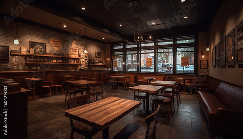 Modern luxury pub with elegant wood chairs  illuminated by lighting equipment generated by AI