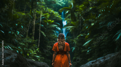 young adult woman at tropical waterfall, adventure or vacation in tropical, fictional place. Generative AI