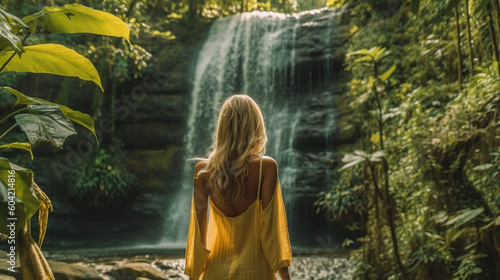 young adult woman at tropical waterfall, adventure or vacation in tropical, fictional place. Generative AI