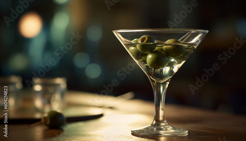 Shiny martini glass with green olive, perfect for clubbing celebration generated by AI
