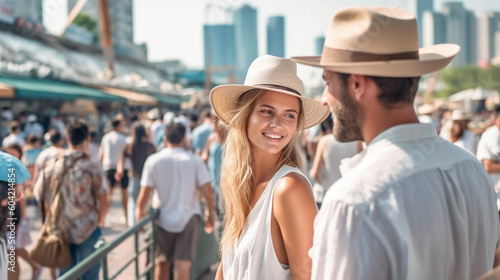 a young adult woman and man on vacation in tourist side street, sightseeing, tourist old town, woman on summer vacation, city trip, caucasian woman. Generative AI © wetzkaz