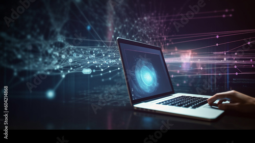 Technology Laptop with abstract network hologram on dark background, Generative ai