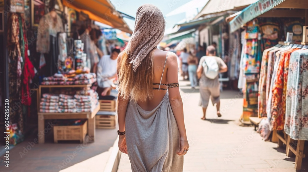 a young adult woman on vacation in tourist side street, sightseeing or hotel, tourist old town, woman on summer vacation, city trip, headscarf as sun protection, hijab, caucasian woman. Generative AI