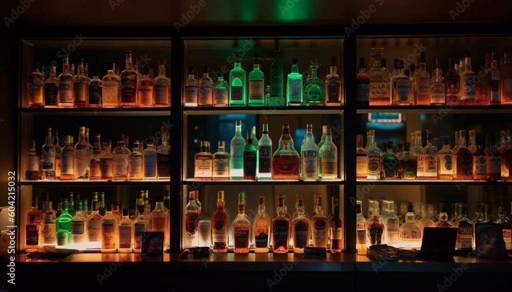 A dark bar counter illuminated by multi colored glass bottles generated by AI