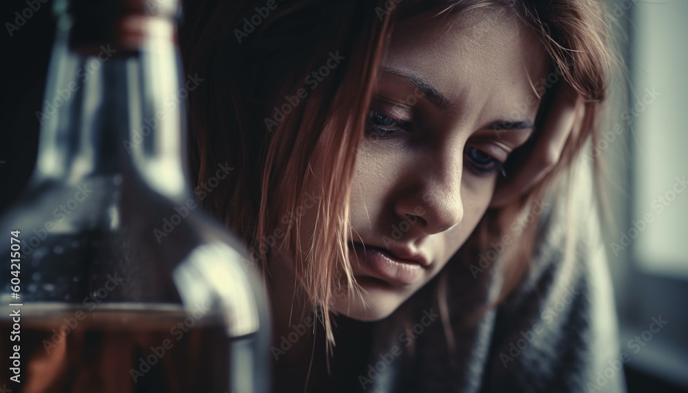 Lonely young woman, indoors, looking away, contemplating through window generated by AI Lonely young woman, indoors, looking away, contemplating through window generated by AI