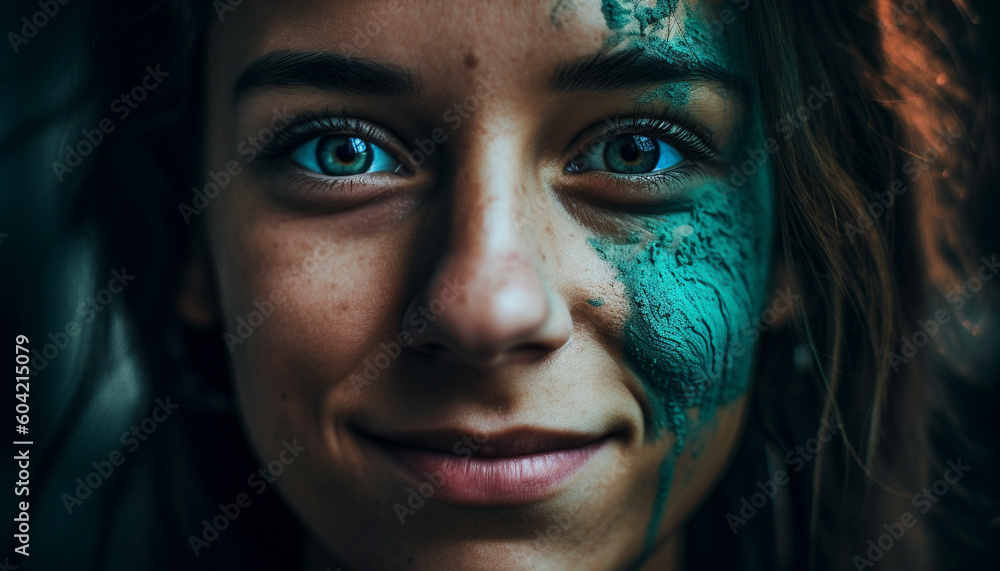 Confident young woman with creative face paint smiles at camera generated by AI