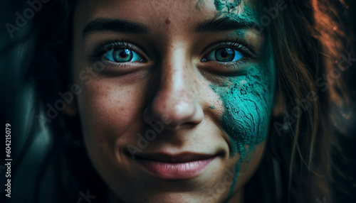 Confident young woman with creative face paint smiles at camera generated by AI