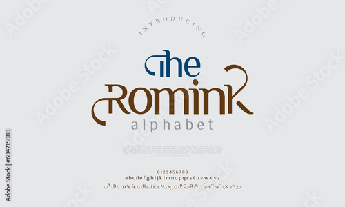 Theromink elegant alphabet letters font and number. Classic Lettering Minimal Fashion Designs. Typography modern serif fonts decorative vintage design concept. vector illustration