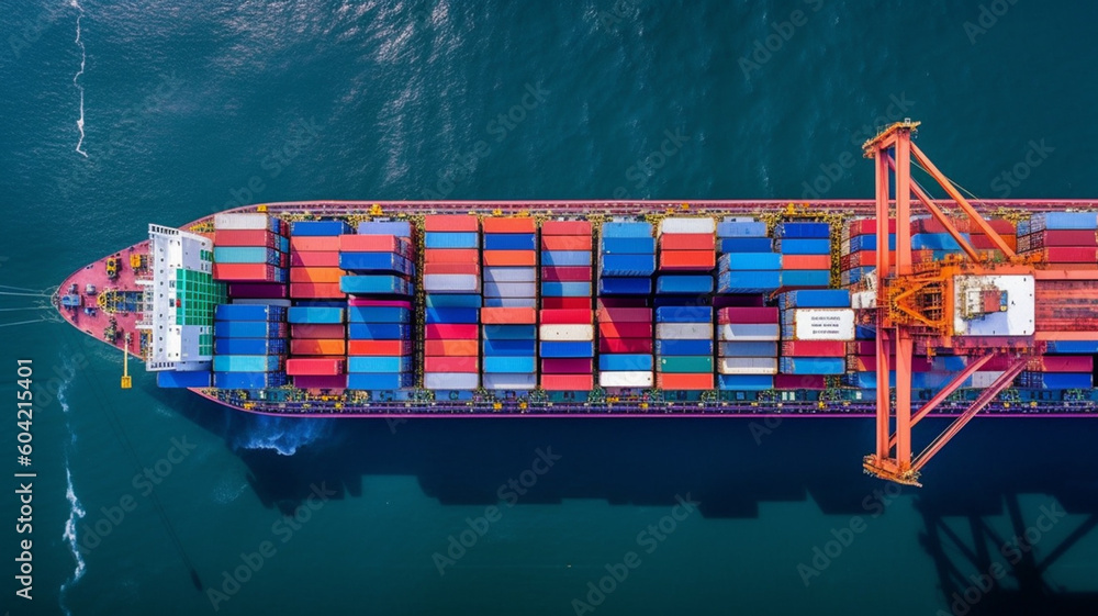 Fototapeta premium Top View of Container ship in the sea. Aerial view of container ship in the sea, generative ai