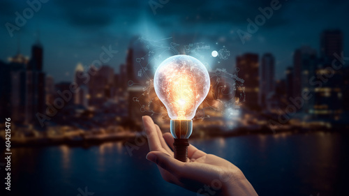 Close up of human hand holding light bulb on dark background, Business Idea Concept, Generative AI