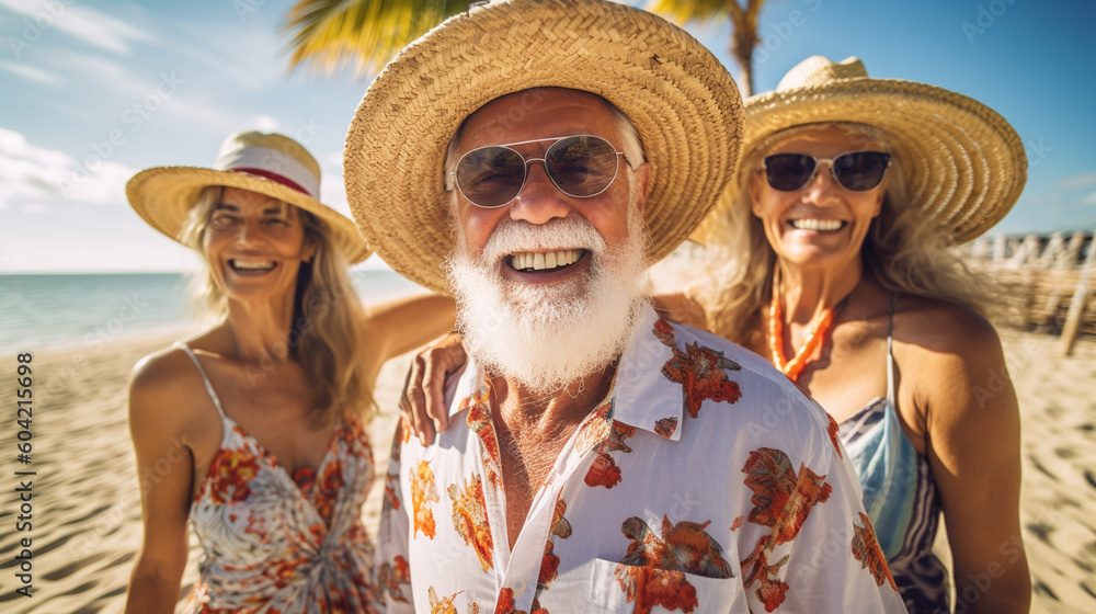 elderly old man is happy in the sunny, fictional vacation, accompanied by three attractive elderly women, good life as pensioner, emigrated or vacation, fictional place. Generative AI