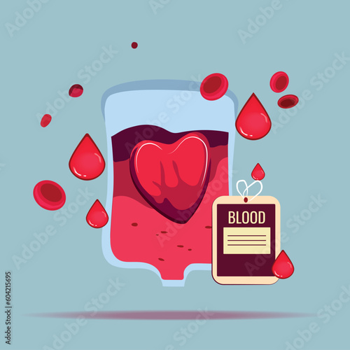 Day donation concept with bag of blood, hand and heart medical sign. Give blood save life. World blood donor day. Vector illustration