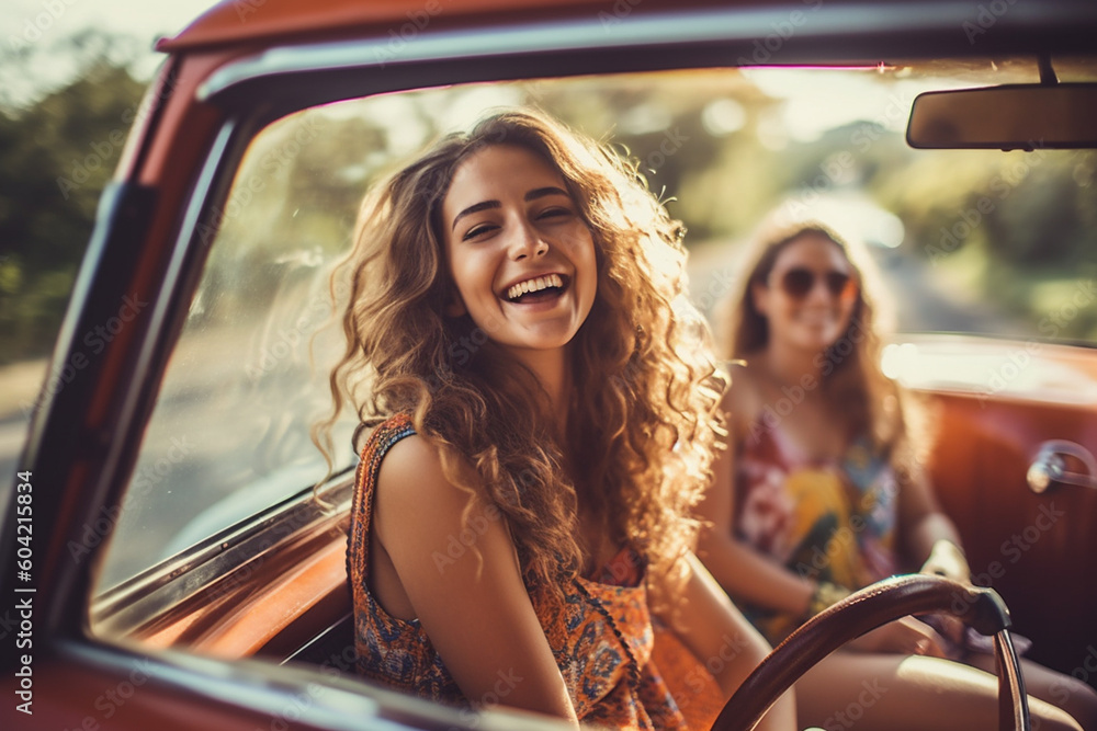 adult women in the car on a road trip or in the car in the summer for a trip. Generative AI adult women in the car on a road trip or in the car in the summer for a trip. Generative AI