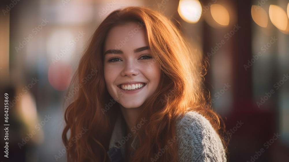 Obraz premium teenage girl youthful beauty, smiling with joy and contentment, being happy, sunshine and sunlight, sunbeams on face, indoor, girl youth. Generative AI