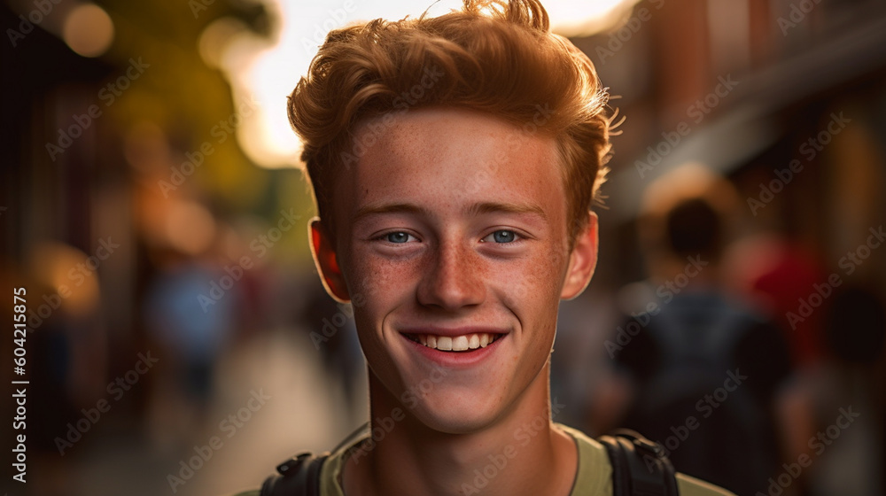 teenage boy youthful beauty, smiling with joy and contentment, being happy, sunshine and sunlight, sunbeams on face, indoor, boy youth. Generative AI