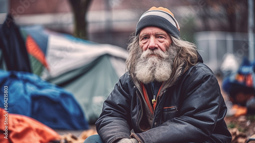 elderly man is homeless, a tents in a tent city or refugee camp, sadness and hopelessness with dirt and rainy weather, fictional place. Generative AI