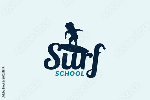 surf school logo with combination of surf lettering and surfing boy