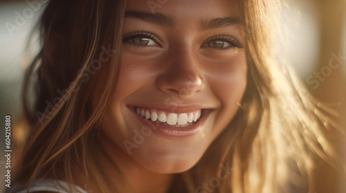 teenage girl youthful beauty, smiling with joy and contentment, being happy, sunshine and sunlight, sunbeams on face, indoor, girl youth. Generative AI