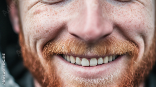 closeup man with slightly yellowish teeth and red beard hair  freckles and red hair  adult mature man mouth lips teeth. Generative AI