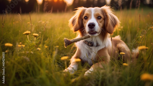 cute playful dog, pet, in a high meadow in nature or garden in spring doer summer