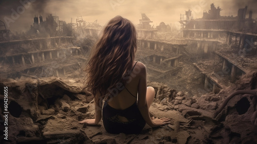 rear-view woman, fictional apocalypse or war zone, wrecked cars and destroyed abandoned buildings in a big city