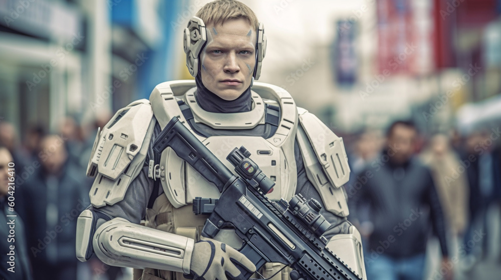 Fototapeta premium soldier in combat suit, robot, humanoid android artificial intelligence, white robot in a city crowd, fictional happening