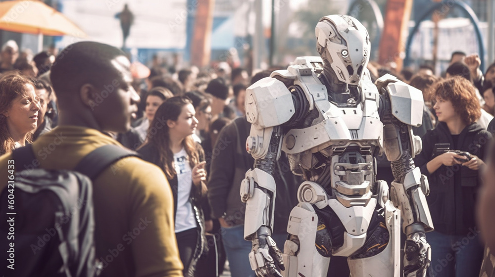 robot, humanoid android artificial intelligence, white robot in a city crowd, fictional happening