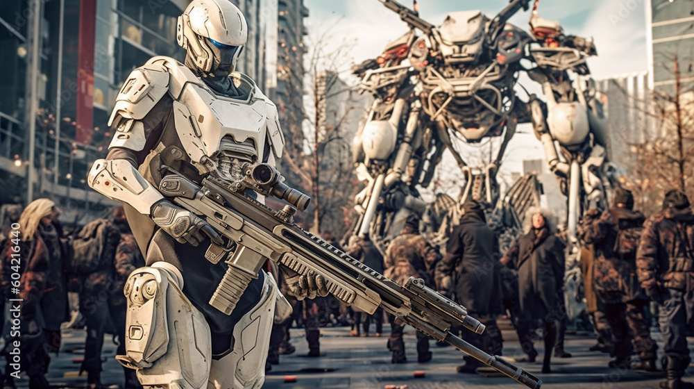 robot, humanoid android artificial intelligence, white robot in a city crowd, fictional happening robot, humanoid android artificial intelligence, white robot in a city crowd, fictional happening