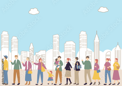 行列に並ぶ人達　都市背景