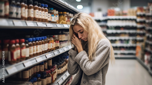 young adult woman in bad mood, in supermarket
