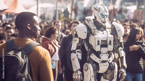 robot, humanoid android artificial intelligence, white robot in a city crowd, fictional happening