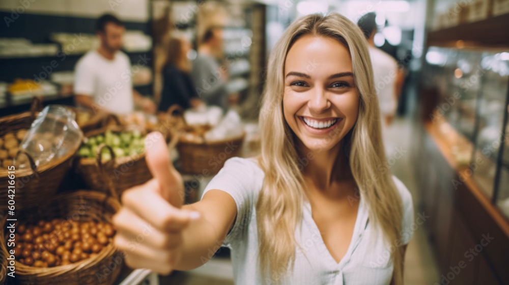 young adult woman in supermarket with super good mood, happy shopping in supermarket young adult woman in supermarket with super good mood, happy shopping in supermarket