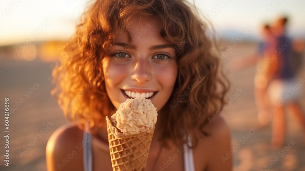 young adult woman in desert fictional place, having an ice cream, ice cream in cone, sunny day, outside outdoors, vacation and fun, relax and enjoy,