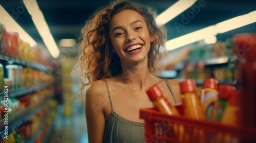 young adult woman in supermarket with super good mood, happy shopping in supermarket