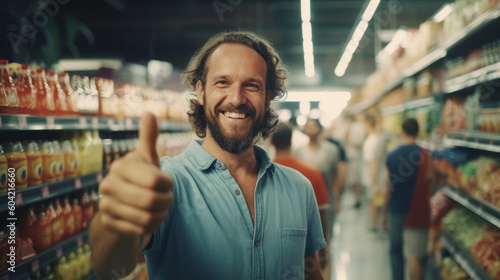 young adult man in supermarket with super good mood, happy shopping in supermarket © wetzkaz