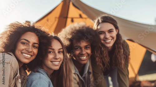 group of young adults or teenagers, friends or group or talking, outside under parasol at camping or camperur, having a drink together, early evening fun and joy. Generative AI