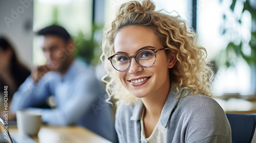 in a further education or university lecture hall, young adult woman , meeting or teamwork, fictional location