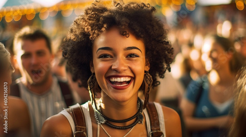 young adult woman tanned multiracial multiethnic woman wears dirndl dress at the oktoberfest or city festival or folk festival  joyful smile  anticipation and fun