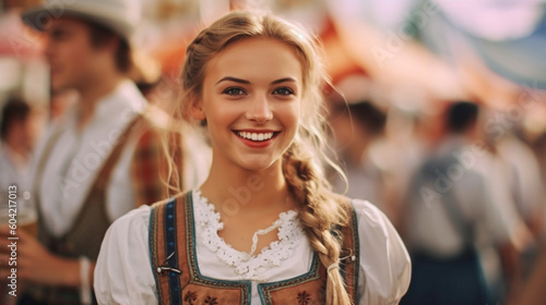 young adult woman or teenager wears a dirndl at the oktoberfest or city festival or folk festival, joyful smile, anticipation and fun