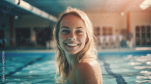 young adult woman in swimming pool, wellness spa or hotel or public swimming pool, smiling joy and fun and rest on vacation, or private swimming pool at villa, summer vacation