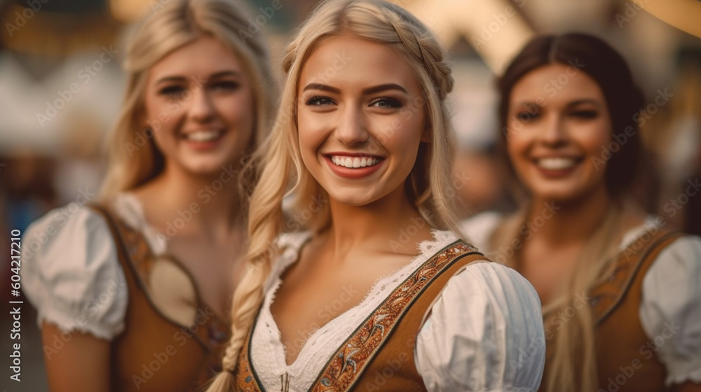 city festival folk festival or oktoberfest, young adult women wear a dirndl, typical bavarian outfit, nice good sunny weather, blonde, attractive beautiful beauty city festival folk festival or oktoberfest, young adult women wear a dirndl, typical bavarian outfit, nice good sunny weather, blonde, attractive beautiful beauty