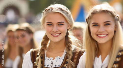 city festival folk festival or oktoberfest, young adult women wear a dirndl, typical bavarian outfit, nice good sunny weather, blonde, attractive beautiful beauty